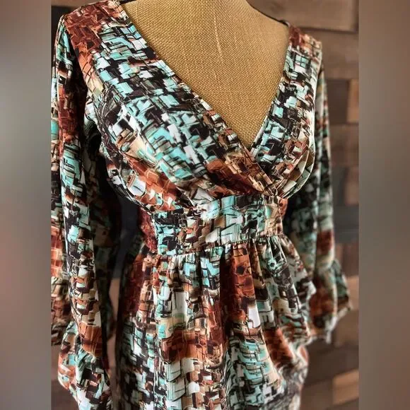 Betsey Johnson Set Shirt & Skirt Medium Brown Green Geometric Bell Sleeve Top - Picture 10 of 13